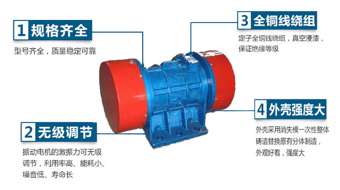 VB振動(dòng)電機(jī)特點(diǎn)：1，規(guī)格齊全：型號(hào)齊全，質(zhì)量穩(wěn)定可靠。2，無極調(diào)節(jié)：振動(dòng)電機(jī)的激振力可無極調(diào)節(jié)，利用率高，能耗小，噪音低，壽命長。4，外殼輕度大：外殼采用消失模一次性整體鑄造替換原有分體制造，外觀好看，強(qiáng)度大。
