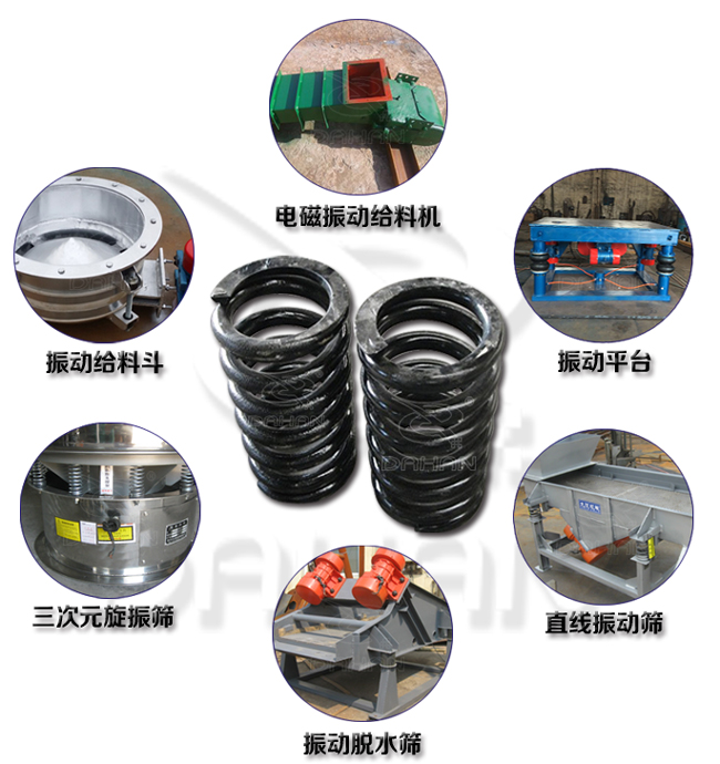 旋振篩減震彈簧適用產(chǎn)品：振動(dòng)給料機(jī)，電磁振動(dòng)給料機(jī)，振動(dòng)平臺(tái)，直線振動(dòng)篩，振動(dòng)脫水篩，三次元旋振篩。