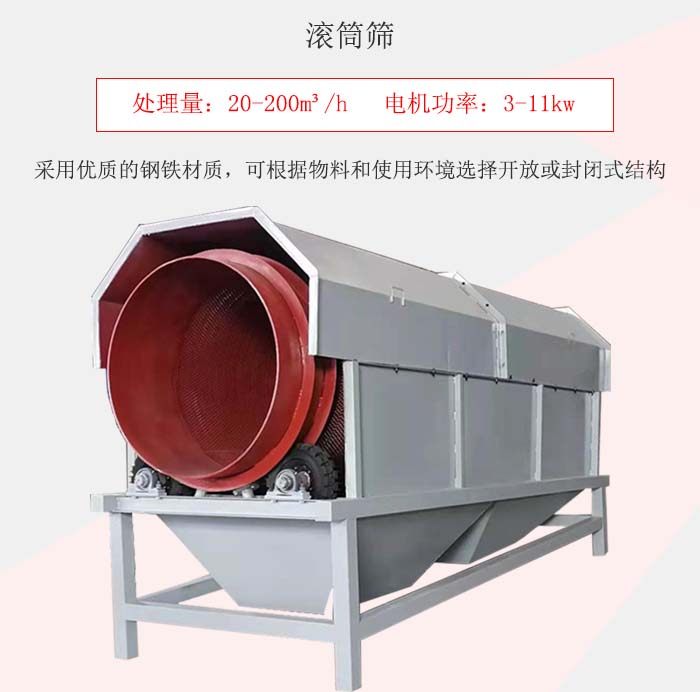 滾筒篩采用優(yōu)質(zhì)的鋼鐵材質(zhì)，可根據(jù)物料和使用環(huán)境選擇開放或封閉式結(jié)構(gòu)