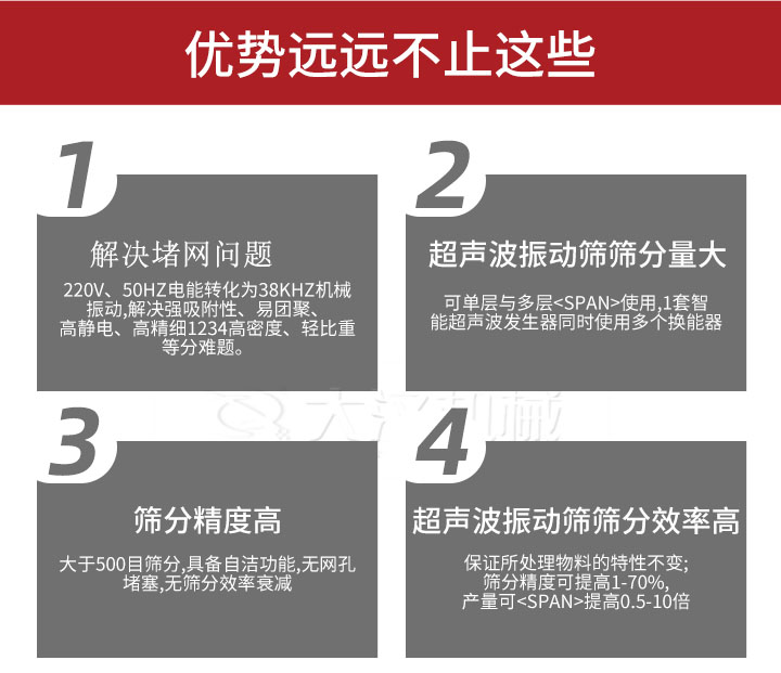 超聲波振動篩優(yōu)勢：1，高效解決堵網(wǎng)問題220V，50HZ電能轉(zhuǎn)化為38KHZ機(jī)械振動，解決強(qiáng)吸附性，易團(tuán)聚，高靜電，高精細(xì)1234高密度，輕比重等難題。2，超聲振動篩篩分量大：可單層與多層使用1套只能超聲波發(fā)生器同時(shí)使用多個(gè)換能器。3，適合大于500目篩分，具備自潔功能，無網(wǎng)孔堵塞，無篩分效率衰減。4，超聲波振動篩篩分效率高：保證所處理物料的特性不變，篩分精度可提高1-70%。