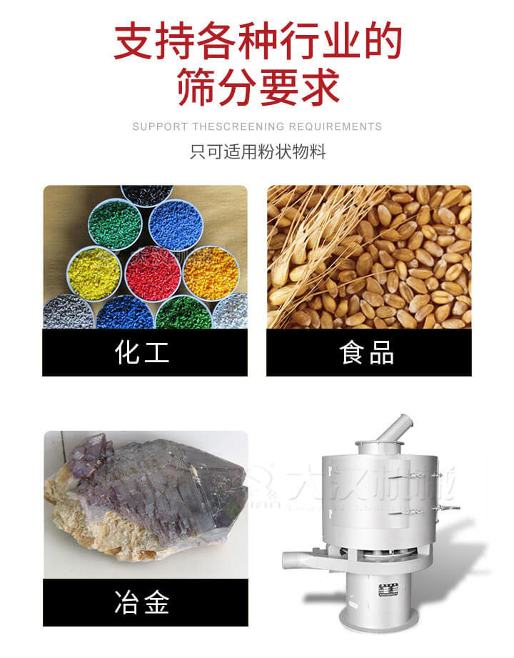 氣流篩用于礦粉，石墨粉，活性納米碳酸鈣，鋁灰，大豆粉，碳酸重鈣，石墨粉，木粉，干草，重金石粉，藥粉末，橡膠顆粒，草酸鹽，干料粉，木粉，聚酯粉，干粉，塑料，金屬粉末，橡膠粉，粉煤灰，石墨粉，陶瓷粉，鋅粉，石英粉，石灰粉，鐵粉，金屬硅粉等。