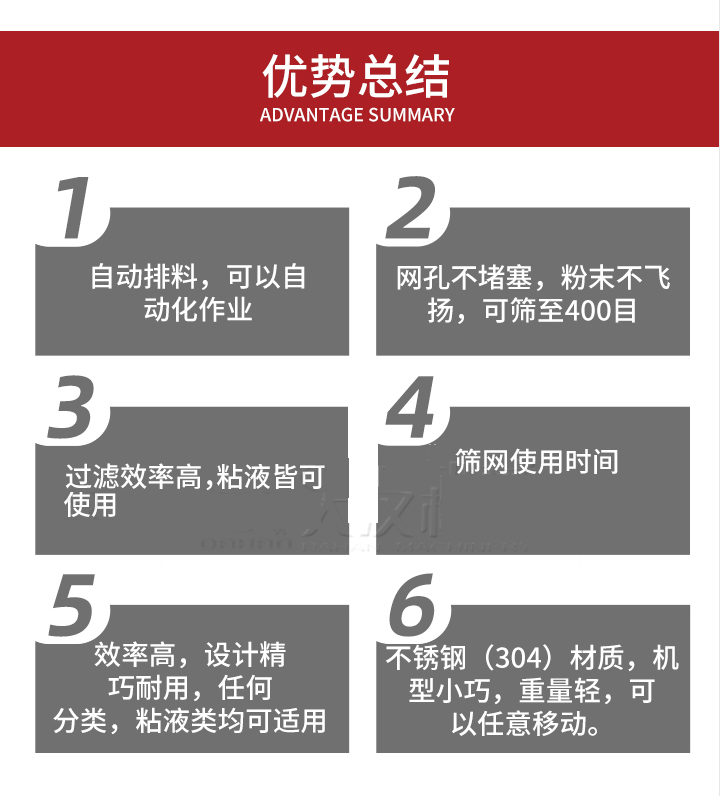 過濾篩優(yōu)勢總結(jié)：1，自動排料，可以自動化作用。2，網(wǎng)孔不堵塞，粉塵不飛揚，可篩至400目。3，過濾效率高，任何粒，粉，粘液也可使用。4，篩網(wǎng)設(shè)計大大提高了篩網(wǎng)使用時間，也魏換網(wǎng)提高了方便。5，效率高，設(shè)計精巧耐用，任何分類設(shè)計精巧耐用，任何分類，粘液類均可適用。6，不銹鋼材質(zhì)機型小巧，重量輕，可以任意移動。