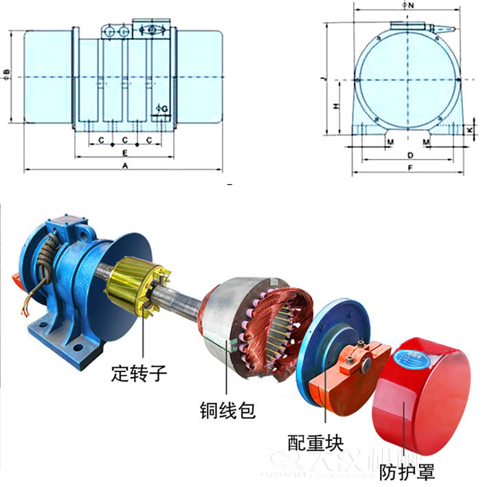 ZFB倉壁振動器外形尺寸字母代表：A為整機(jī)長度F為整機(jī)寬度B為主機(jī)寬度等。結(jié)構(gòu)：定轉(zhuǎn)子，銅線包，配重塊，防護(hù)罩等。