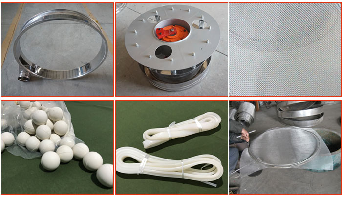 800型全不銹鋼振動(dòng)篩配件有：振動(dòng)篩篩框，電機(jī)，不銹鋼篩網(wǎng)等。