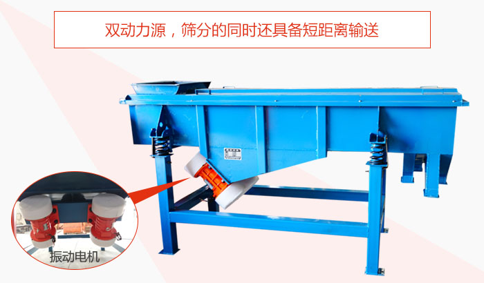 方形振動(dòng)篩雙動(dòng)力源，篩分的同時(shí)還具備短距離輸送。
