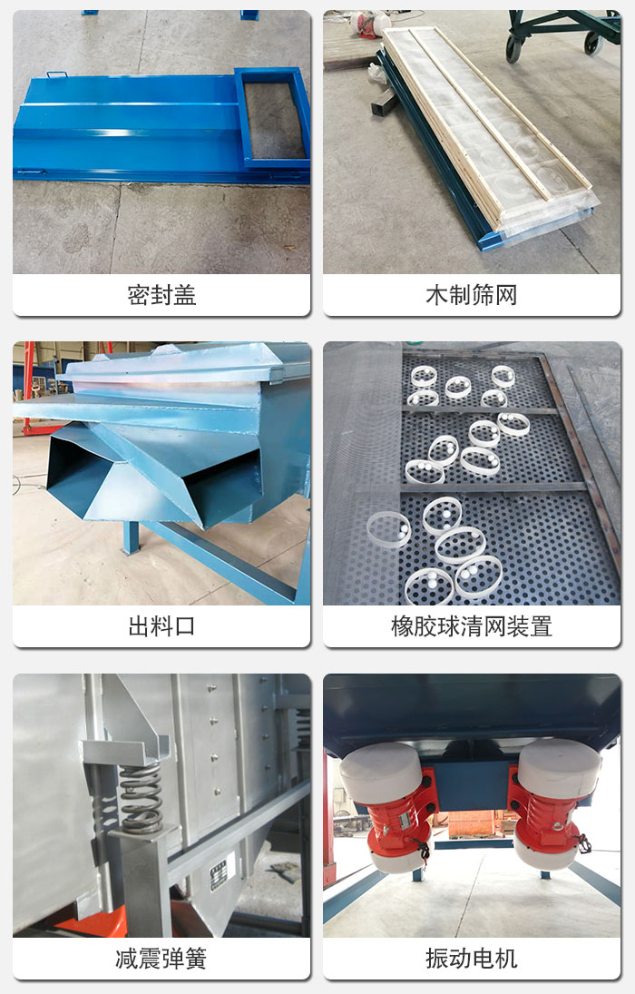 直線篩結(jié)構(gòu)展示：篩網(wǎng)，篩箱，振動(dòng)電機(jī)，振動(dòng)電機(jī)座，減震彈簧，支架等部件展示圖