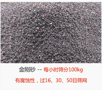 篩分金剛砂每小時100kg，有腐蝕性，過16、30、50目篩網(wǎng)