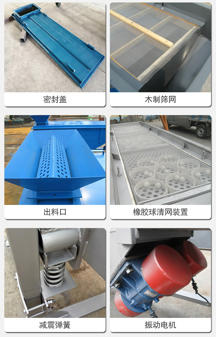 直線篩分機(jī)的結(jié)構(gòu)展示圖：篩箱是物料主要篩分設(shè)備之一，篩網(wǎng)用于篩分物料，振動(dòng)電機(jī)幫助篩網(wǎng)篩分。