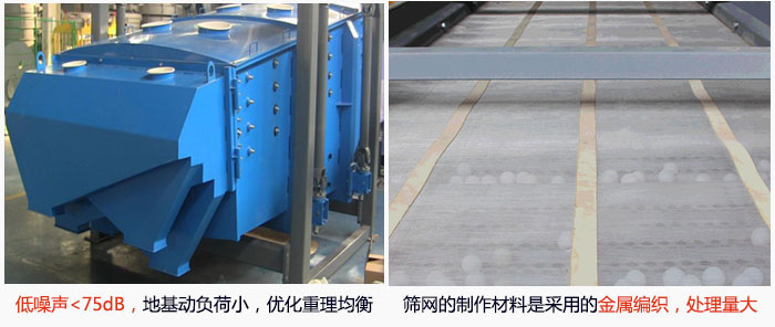 方形搖擺篩采用低噪聲<75dB，地基動負荷小，優(yōu)化重理均衡；篩網的制作材料是采用的金屬編織，處理量大。
