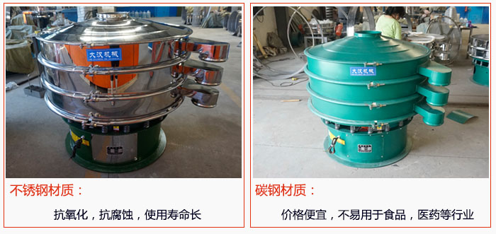 800型振動(dòng)篩有不銹鋼和碳鋼兩種材質(zhì)，不銹鋼材質(zhì)：抗氧化，抗腐蝕，使用壽命長(zhǎng) 碳鋼材質(zhì)：價(jià)格便宜，不易篩分食品，化工，醫(yī)藥等行業(yè)的物料。