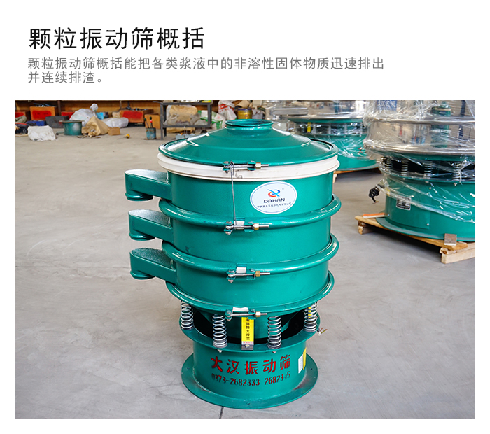 顆粒式振動篩是針對顆粒狀物料進行研發(fā)的，由于顆粒的形狀有很多的不同所以，廠家在清網(wǎng)裝置方面進行提升效率。