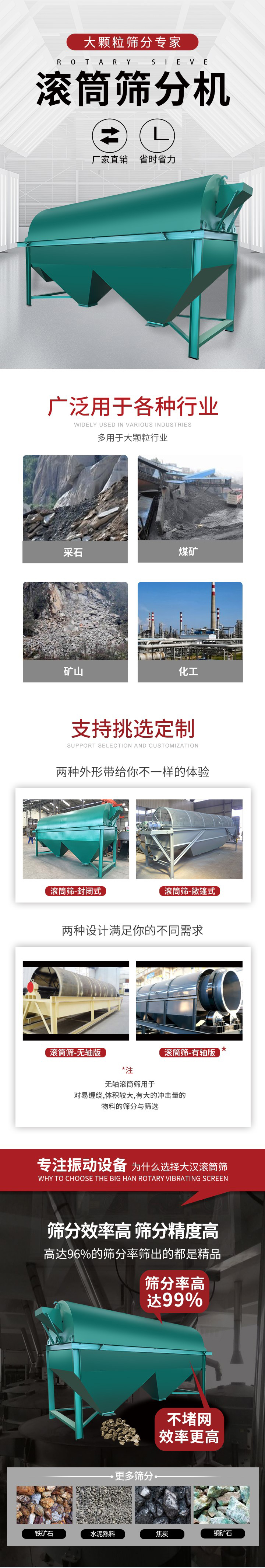 滾筒篩分機(jī)大顆粒篩分專家：廠家直銷，省時(shí)省力。滾筒篩被廣泛應(yīng)用各種行業(yè)：多用于大顆粒行業(yè)例如：采石，煤礦，礦山，化工等。滾筒篩定制類型有哪些：封閉式與敞篷式產(chǎn)品結(jié)構(gòu)分為：無軸式，有軸式兩種，無軸滾筒篩用于對(duì)纏繞，體積較大，有大的沖擊量的物料的篩分與篩選。滾筒篩篩分效率高篩分精度能夠達(dá)到：96%也比較適用于鐵礦石，水泥熟料，焦炭，銅礦石。滾筒篩特點(diǎn)：不飛粉末：密封隔離罩，密封性好，工作過程不會(huì)出現(xiàn)飛粉現(xiàn)象。外型尺寸是按筒體長(zhǎng)計(jì)