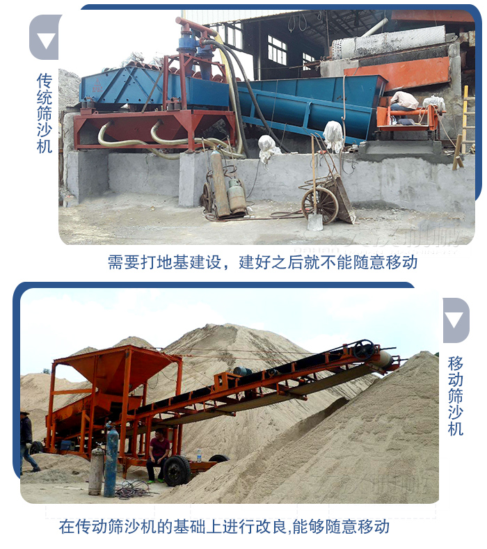 移動的篩沙機(jī)在安裝前需要打地基，而固定完畢后就不能隨意的移動，而移動篩沙機(jī)不需要打地并且隨時能夠進(jìn)行移動。