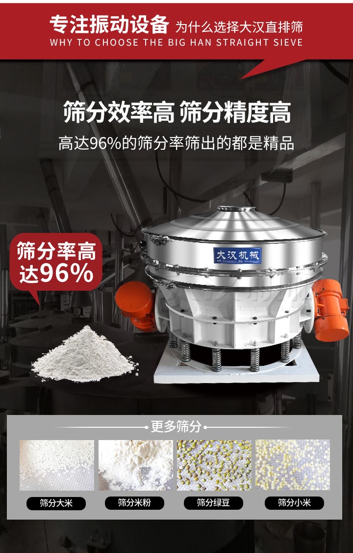 直排篩適用物料有面粉，淀粉，洗衣粉，金屬粉，添加劑，化工，非礦等行業(yè)。