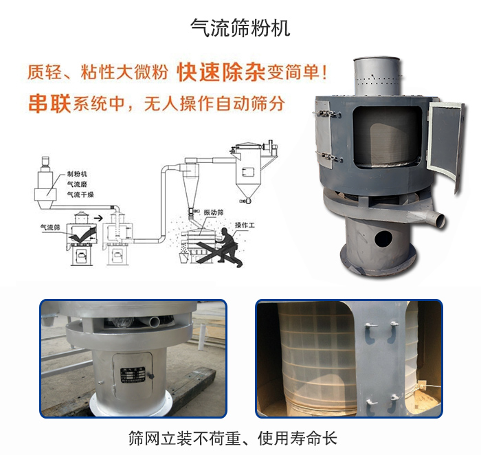 氣流篩粉機(jī)適用：質(zhì)輕，粘性大微粉采用串聯(lián)系統(tǒng)重，無(wú)人操作自動(dòng)篩分 特點(diǎn)：篩網(wǎng)立裝不負(fù)重，使用壽命長(zhǎng)。