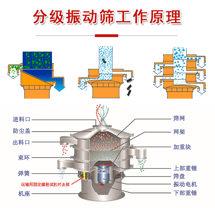 分級振動篩內(nèi)部結(jié)構(gòu)：進料口，防塵蓋，出料口，束環(huán)，彈簧，機座，篩網(wǎng)，網(wǎng)架，上部重錘，振動電機，下部重錘。