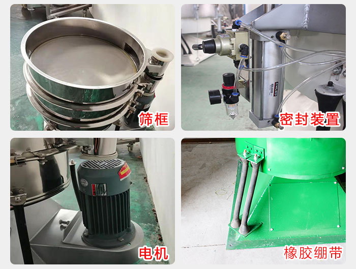 搖擺篩結構：電機，橡膠繃帶，篩框，密封裝置等。